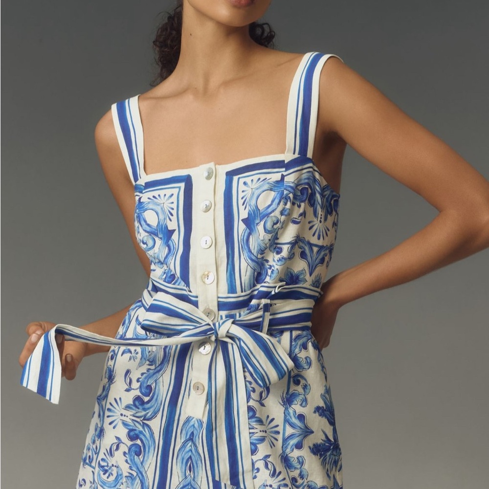 FARM Rio Blue and White Striped Floral Mini Dress